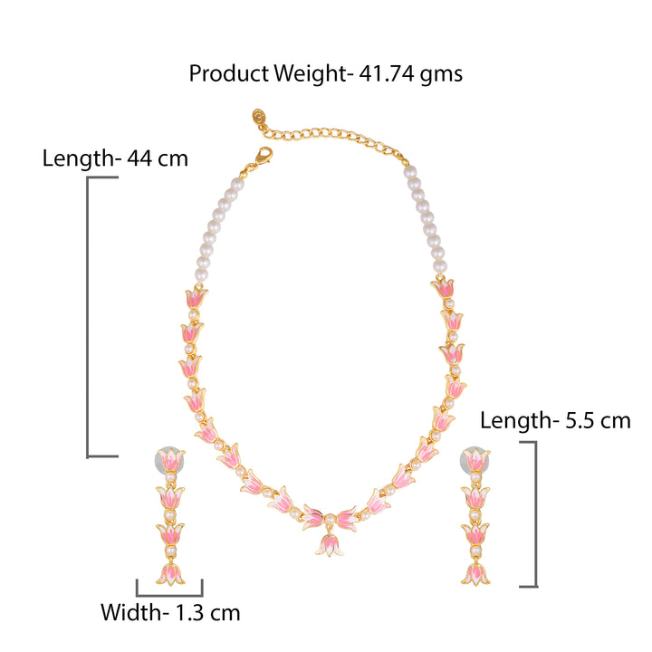 Estele Gold Plated Vintage Lotus Designer Pearl Studded Necklace Set with Pink Enamel for Girl's & Women