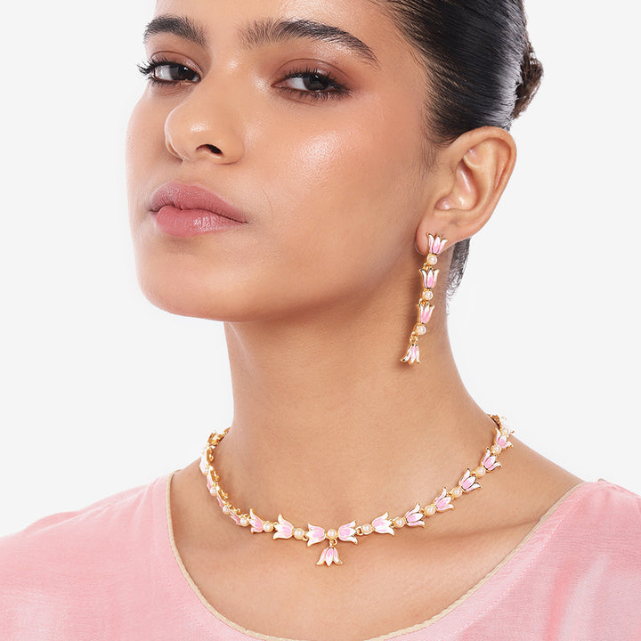 Estele Gold Plated Vintage Lotus Designer Pearl Studded Necklace Set with Pink Enamel for Girl's & Women