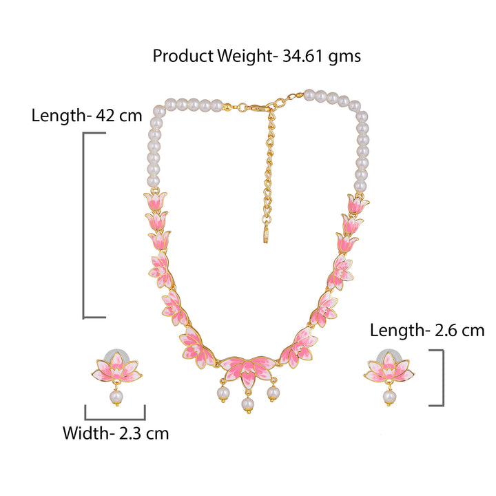 Estele Gold Plated Fascinating Lotus Designer Pearl Necklace Set with Pink Enamel for Girl's & Women