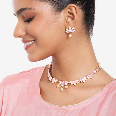 Estele Gold Plated Fascinating Lotus Designer Pearl Necklace Set with Pink Enamel for Girl's & Women