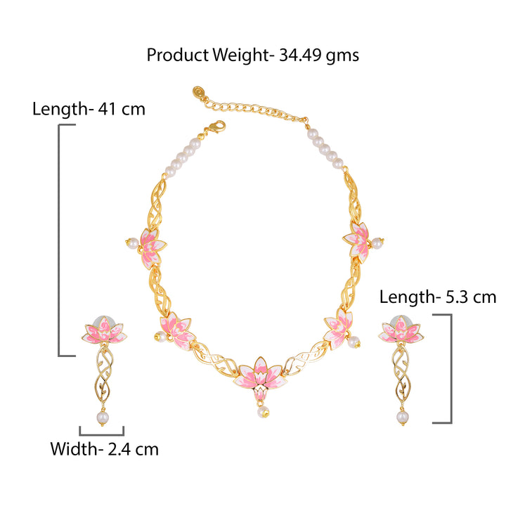 Estele Gold Plated Gorgeous Lotus Designer Pearl Drop Necklace Set with Pink Enamel for Girl's & Women