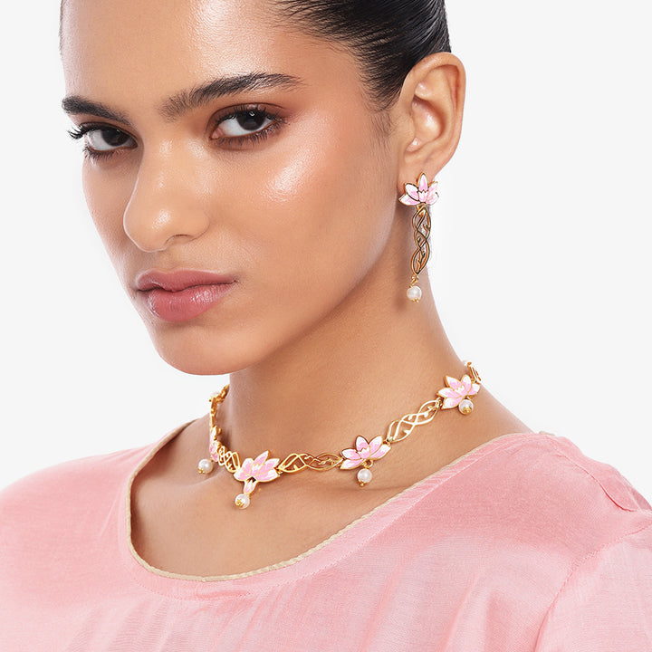 Estele Gold Plated Gorgeous Lotus Designer Pearl Drop Necklace Set with Pink Enamel for Girl's & Women