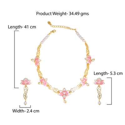 Estele Gold Plated Gorgeous Lotus Designer Pearl Drop Necklace Set with Pink Enamel for Girl's & Women