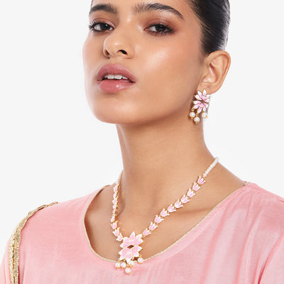 Estele Gold Plated Attractive Lotus Designer Pearl Necklace Set with Pink Enamel for Girl's & Women