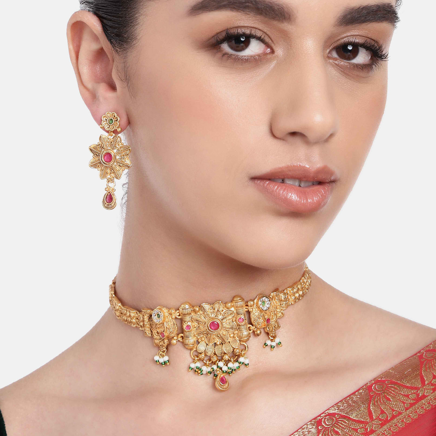 Estele Gold Plated Magnificent Floral Matte Finish Choker Necklace Set with Multi-color Crystals for Women