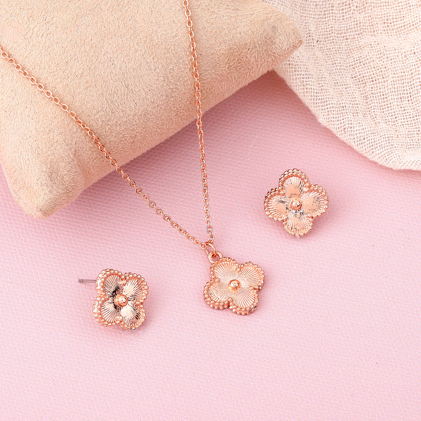 Estele Rosegold Plated Four Leafy Designer Pendant Set for Girls and Women