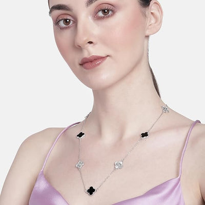 Estele Rhodium Plated Captivating Black Enamel Four Leafy Designed Long Pendant Necklace with Adjustable Chain for Women and Girls