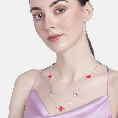 Estele Rhodium Plated Red Enamel Captivating Four Leafy Designed Long Pendant Necklace with Adjustable Chain for Women and Girls