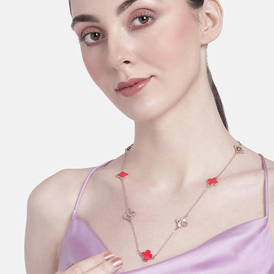 Estele Rosegold Plated Red Enamel Elegant Four Leafy Designer Long Pendant Necklace with Adjustable Chain for Women and Girls