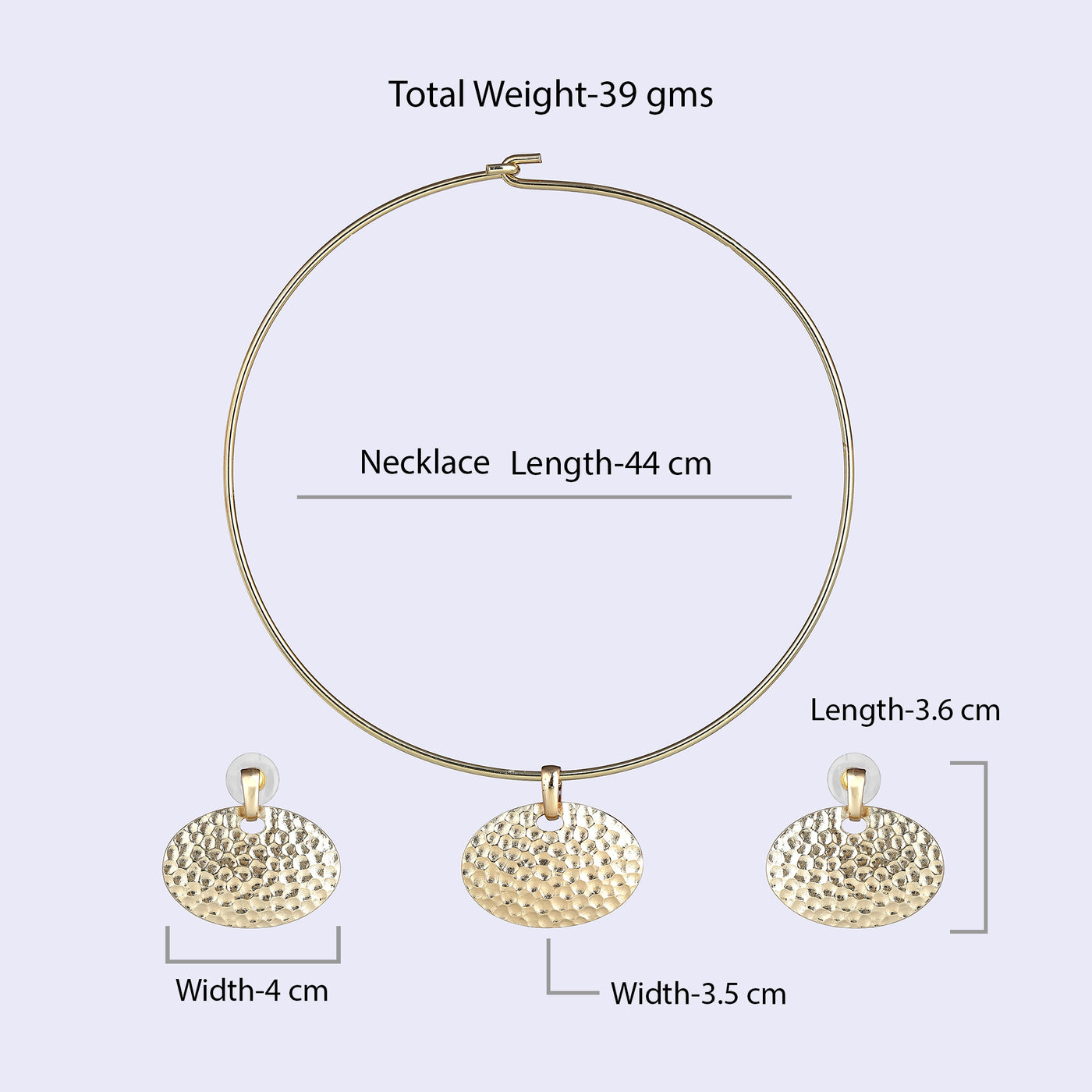 Estele Gold Tone Elegant Elliptical Shaped Beaten Gold Necklace Set for Women