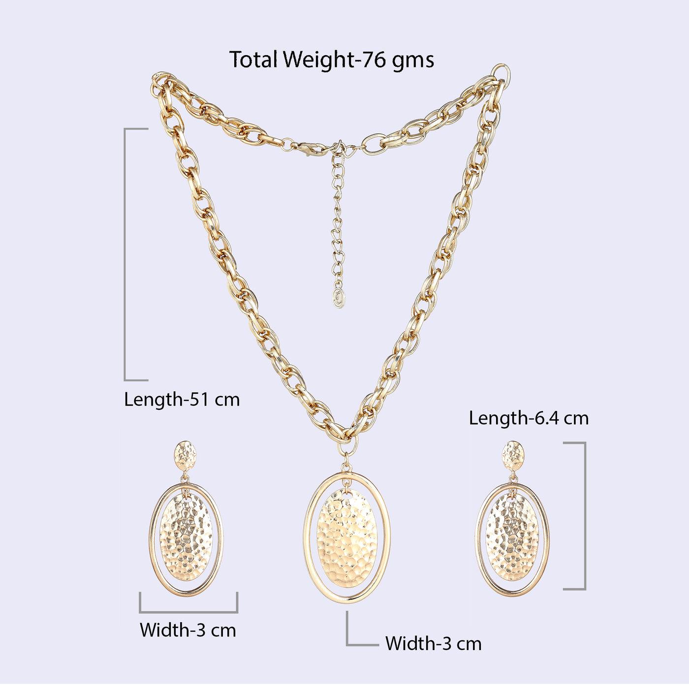 Estele Gold Tone Dual Oval Design Beaten Gold Necklace Set for Women