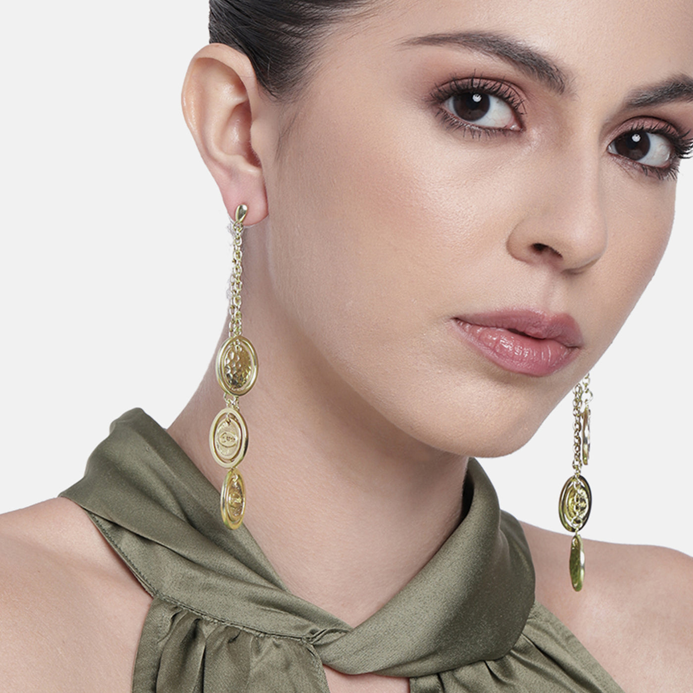 Estele Gold Tone Distinctive Layered Concentric Circular Design Beaten Gold Drop & Dangle Earrings for Women