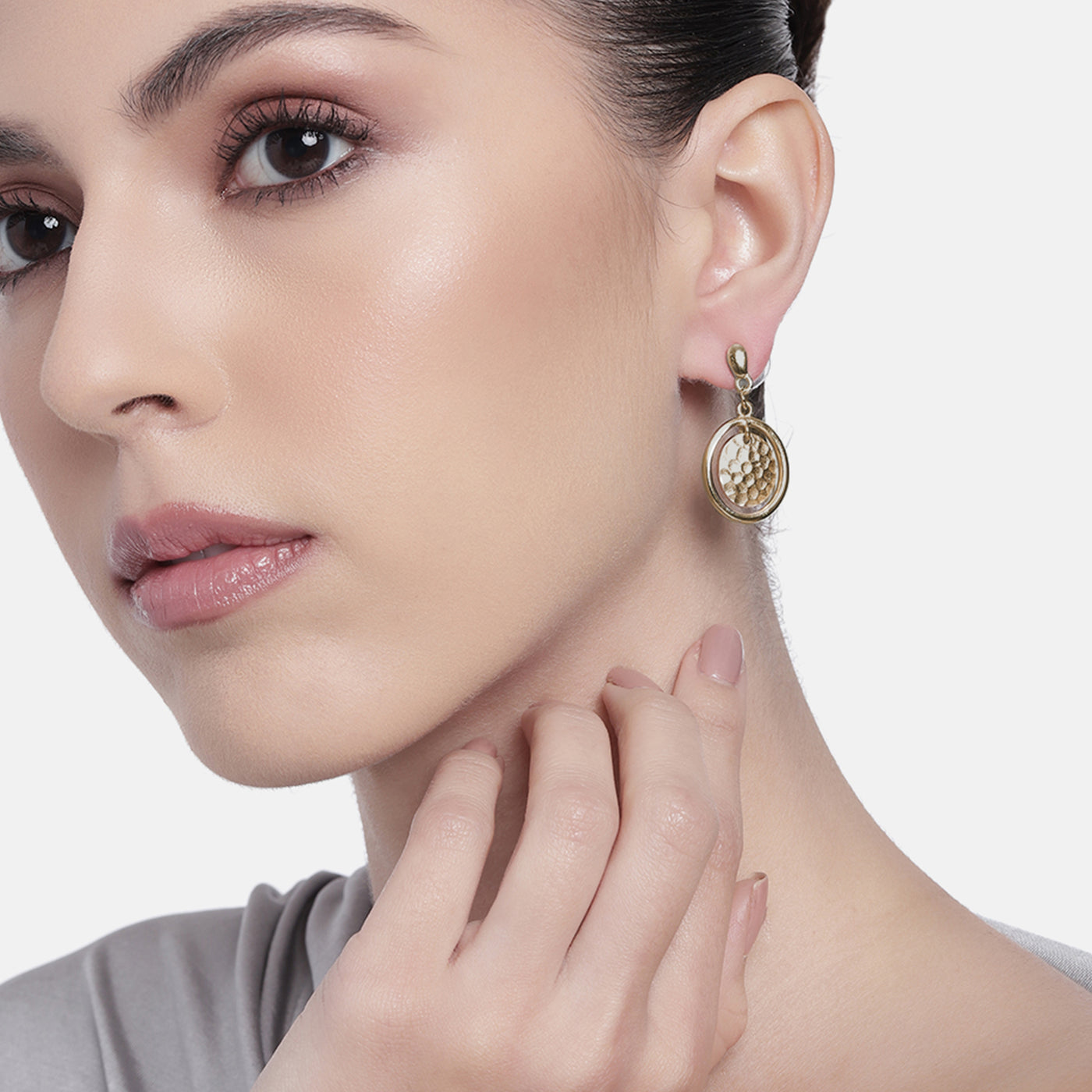 Estele Gold Tone Classy Double Circular Design Beaten Gold Drop & Dangle Earrings for Women