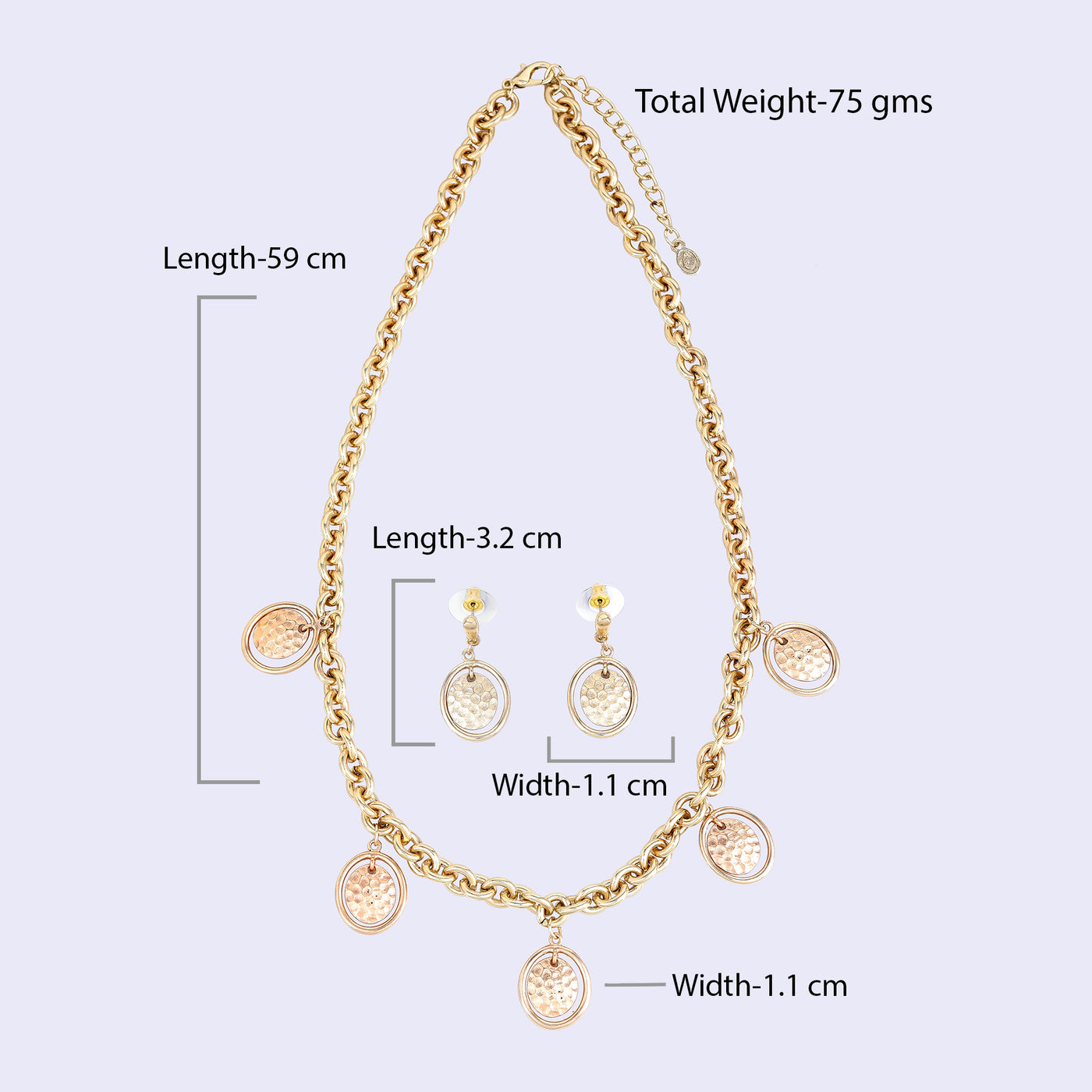 Estele Gold Tone Stylish Dual Circular Chunky Beaten Gold Necklace Set for Women