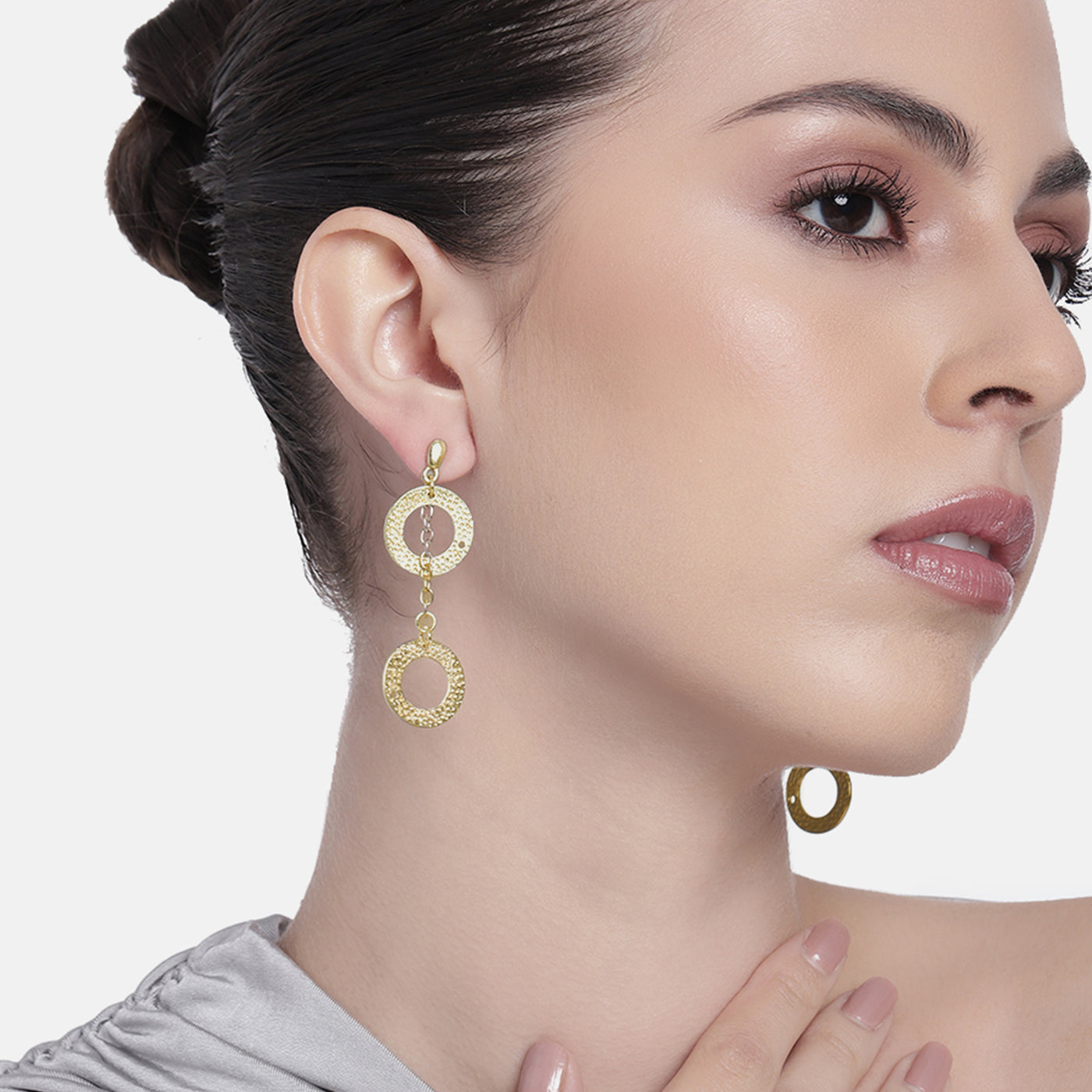 Estele Gold Tone Dual Circular Design Interlinked Beaten Gold Drop & Dangler Earrings for Women