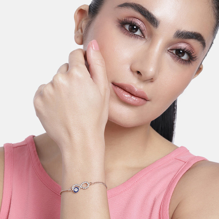 Estele Rose Gold Plated Austrian Crystals Navy Blue Evil Eye Infinity Charm Bracelet