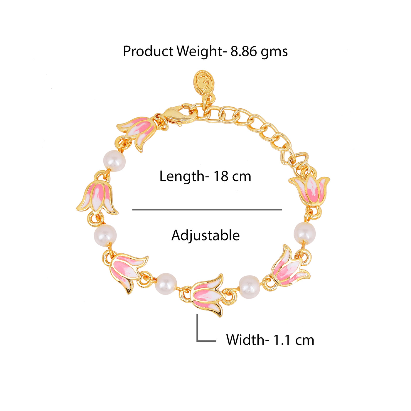 Estele Gold Plated Pink Enamelled Lotus Designer Pearls Beaded Link Chain Adjustable Bracelet for Girl's & Women