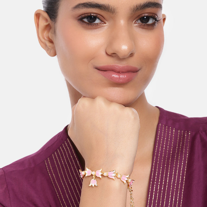 Estele Gold Plated Pink Enamelled Lotus Designer Link Chain Adjustable Bracelet with Pearls for Girl's & Women