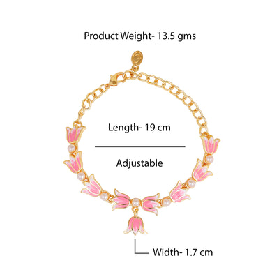 Estele Gold Plated Pink Enamelled Lotus Designer Link Chain Adjustable Bracelet with Pearls for Girl's & Women