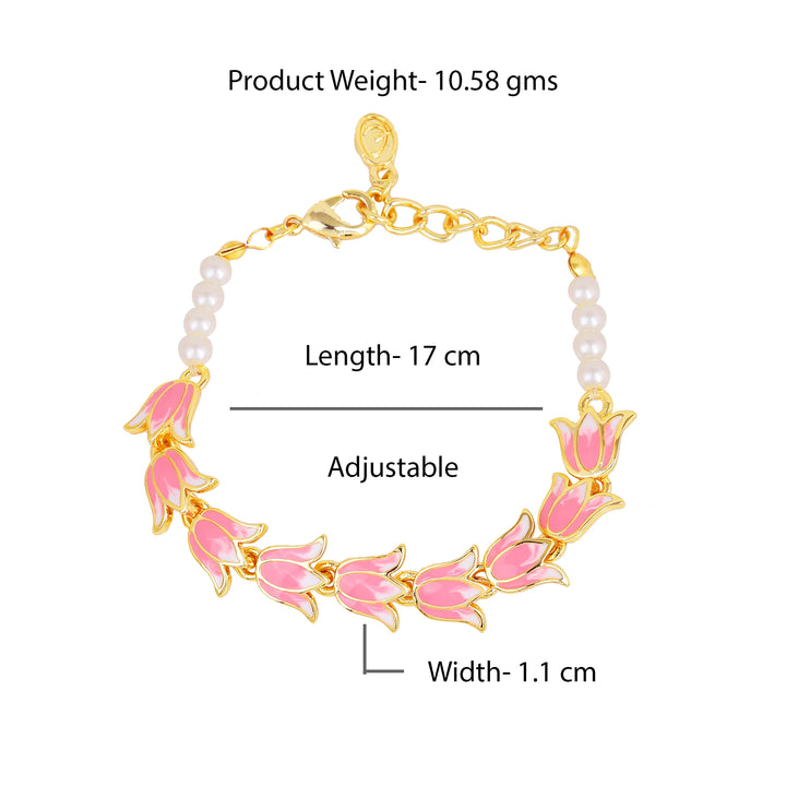 Estele Gold Plated Pink Enamelled Lotus Designer Link Chain Adjustable Bracelet with Pearls for Girl's & Women