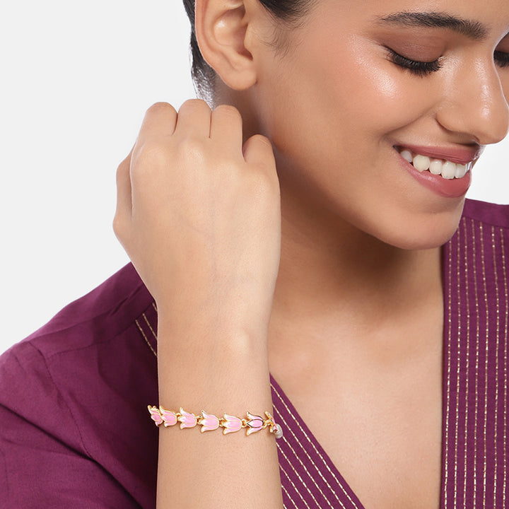 Estele Gold Plated Pink Enamelled Lotus Designer Link Chain Adjustable Bracelet with Pearls for Girl's & Women