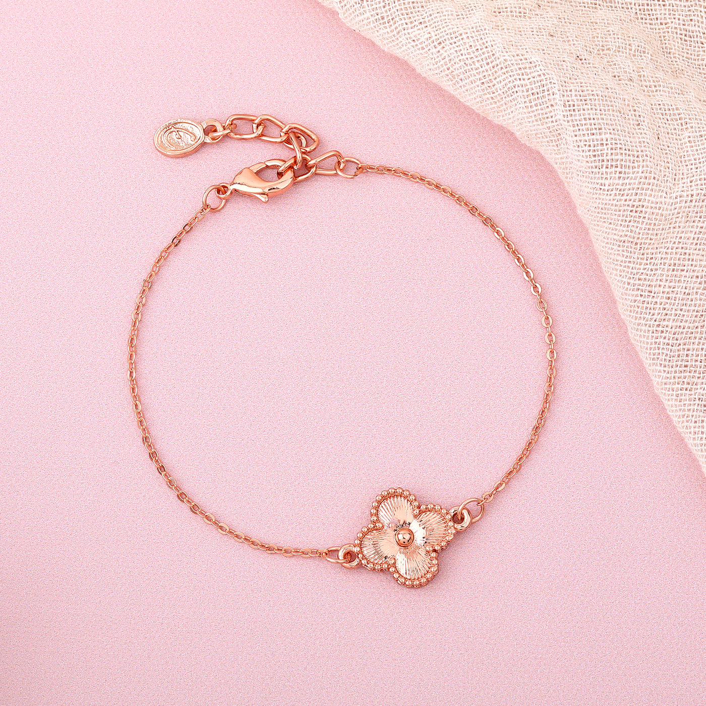 Estele Rosegold Plated Exquisite Single Clover Designer Adjustable Charm Bracelet for Women and Girls