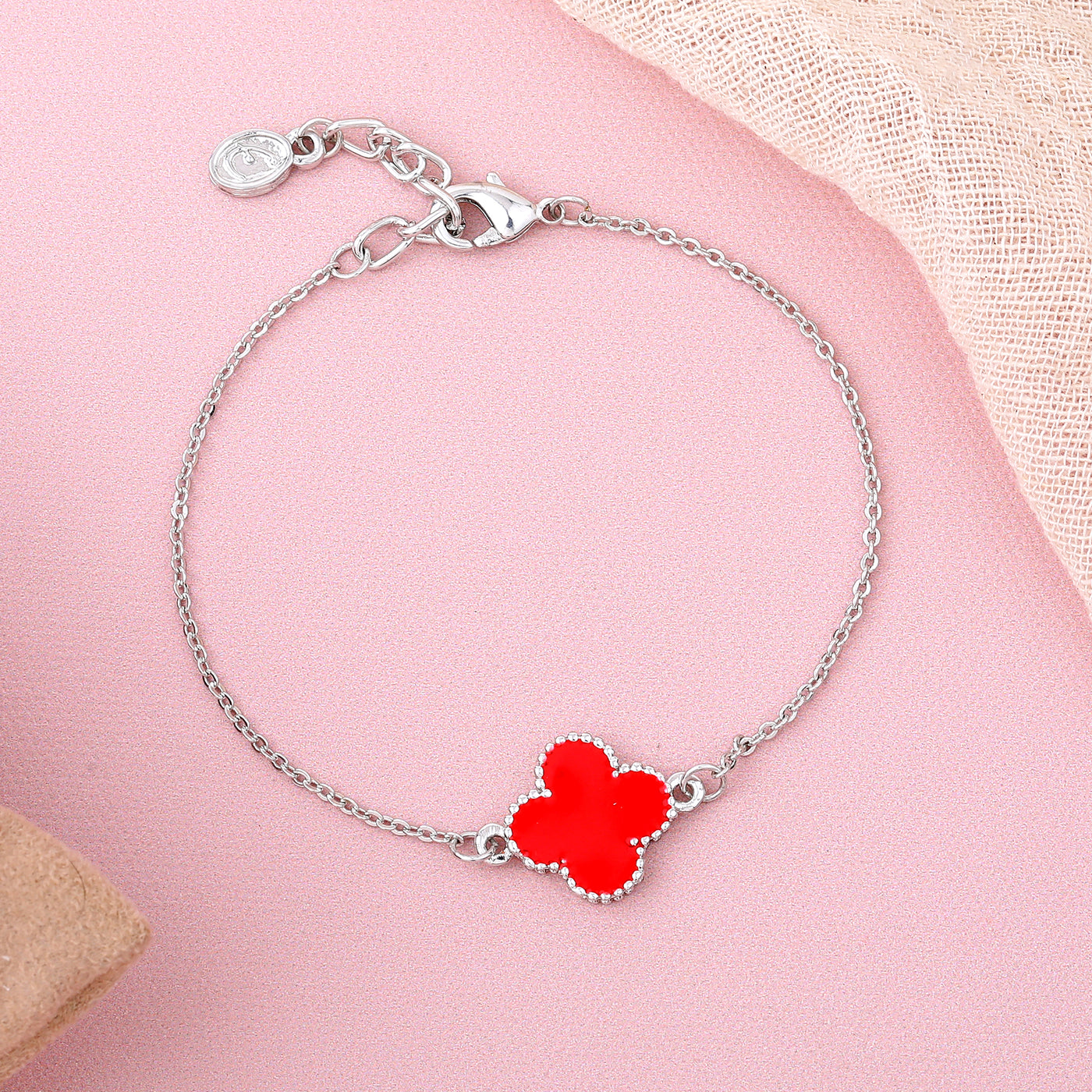 Estele Rhodium Plated Latest Fashionable Single Red Clover Leaf Designer Adjustable Bracelet for Girls and Women