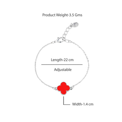 Estele Rhodium Plated Latest Fashionable Single Red Clover Leaf Designer Adjustable Bracelet for Girls and Women