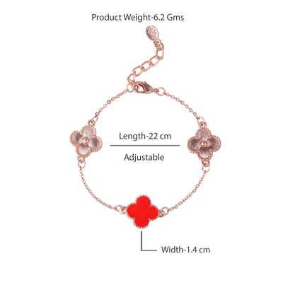 Estele Rosegold Plated Fancy Red Clover Leaf Designer Adjustable Charm Bracelet for Girls and Women