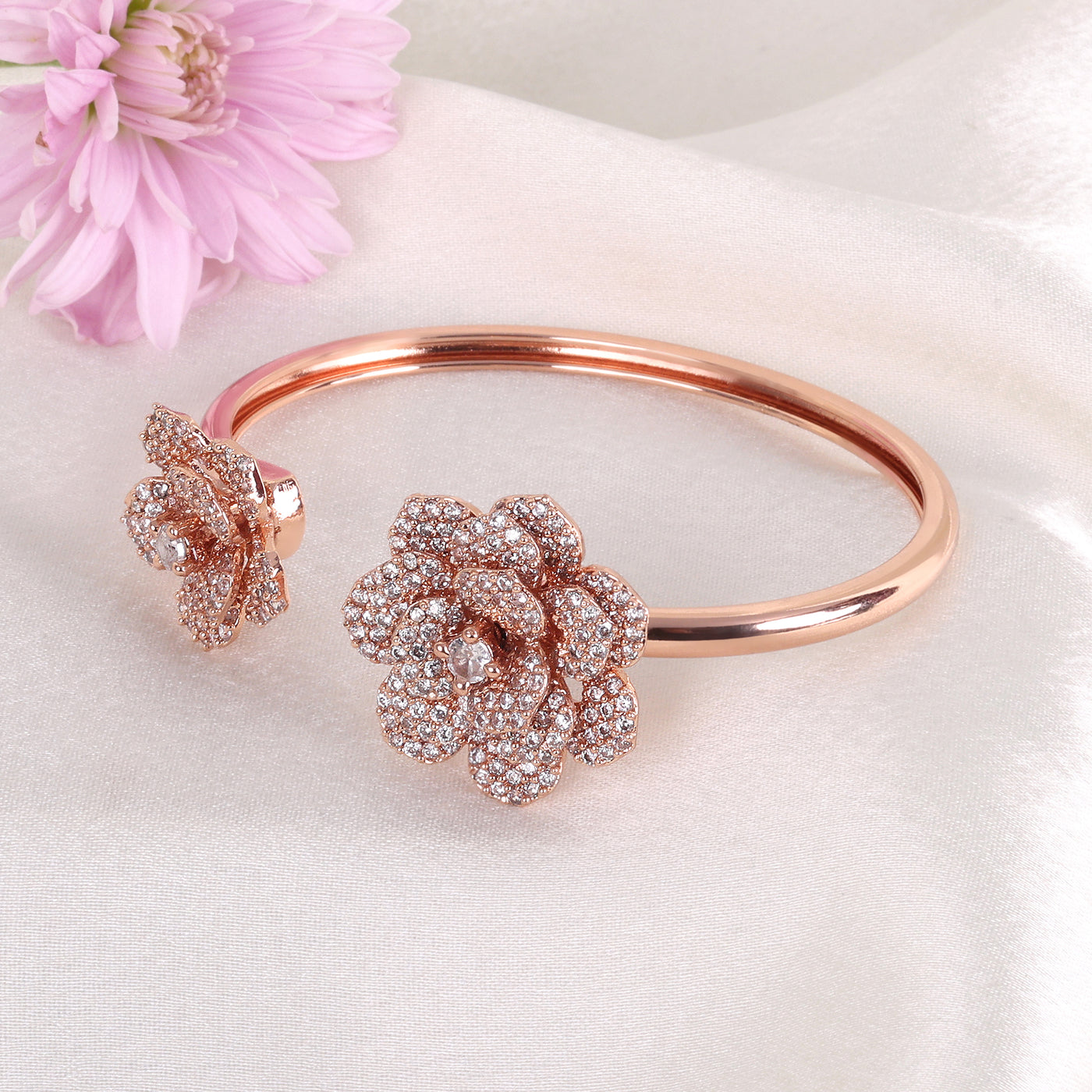 Estele Valentine ROSE Special Modern Rose Motif Cuff Bracelet: Stylish Rosegold Plated with Floral Charms A Fashionable Statement for Women