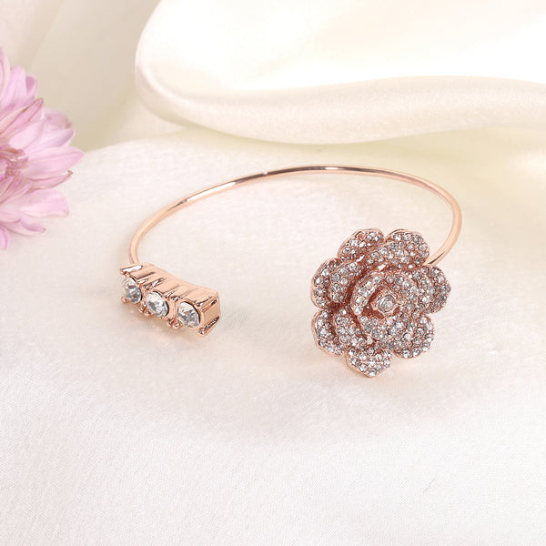 Estele Rose Collection Exclusive Rose Motif Cuff Bracelet: Luxurious Rosegold Plated with Floral Charms Perfect Accessory for Women Fashion & Gifts