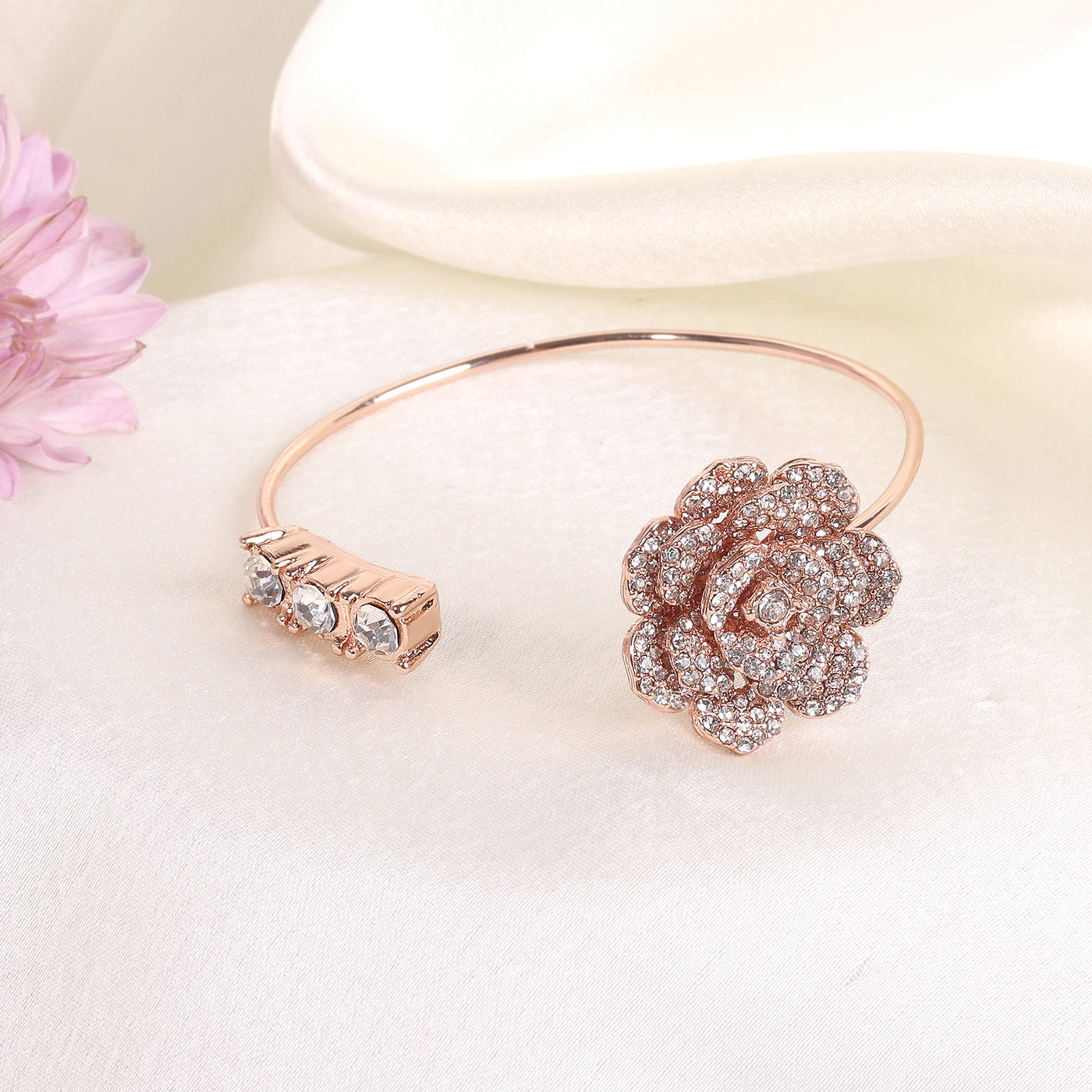 Estele Valentine ROSE Special Exclusive Rose Motif Cuff Bracelet: Luxurious Rosegold Plated with Floral Charms Perfect Accessory for Women's Fashion & Gifts