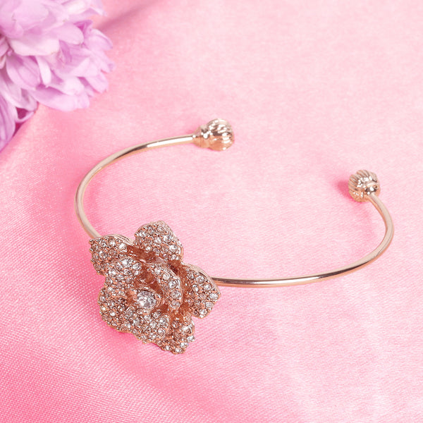 Estele Rose Collection Exclusive Rose-Embellished Rosegold Cuff Bracelet: Delicate Floral Motif for Women Ideal for Casual & Formal Wear