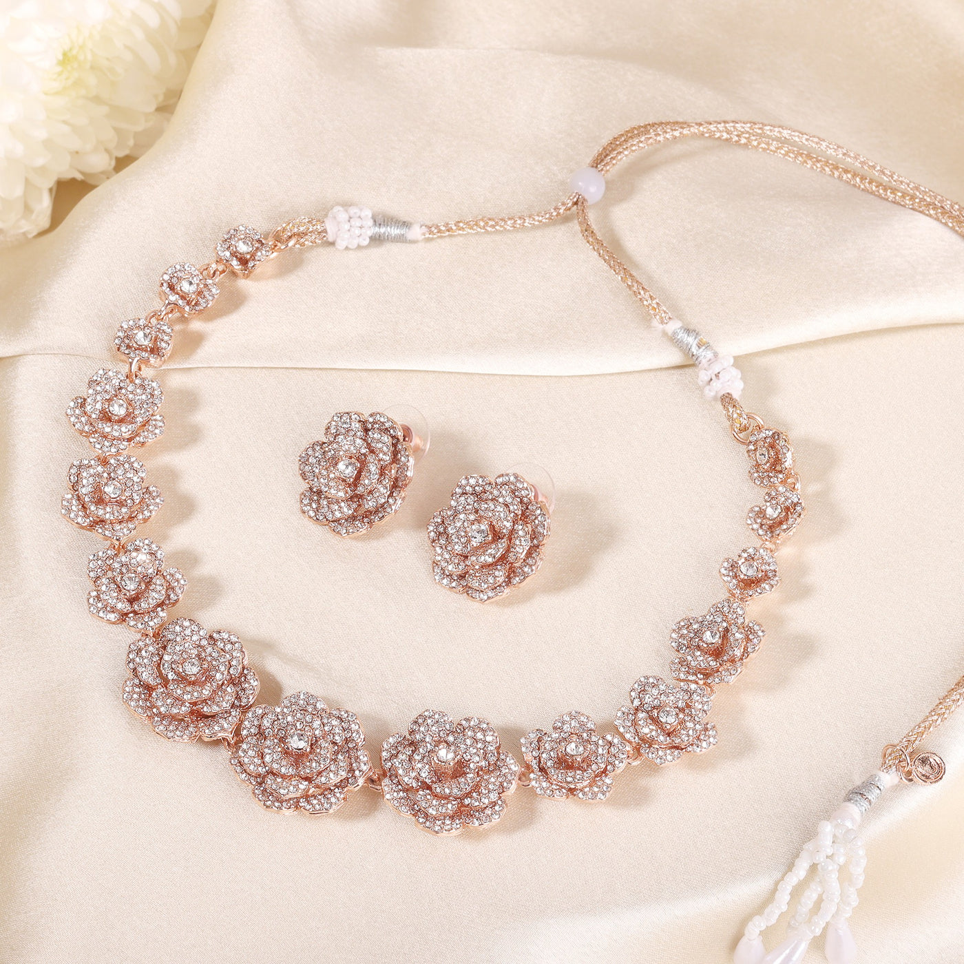 Estele Valentine Special Luxurious Rosegold Plated Rose Motifs Necklace Set with Sparkling White Austrian Crystals A Beautiful Gift of Eternal Gift