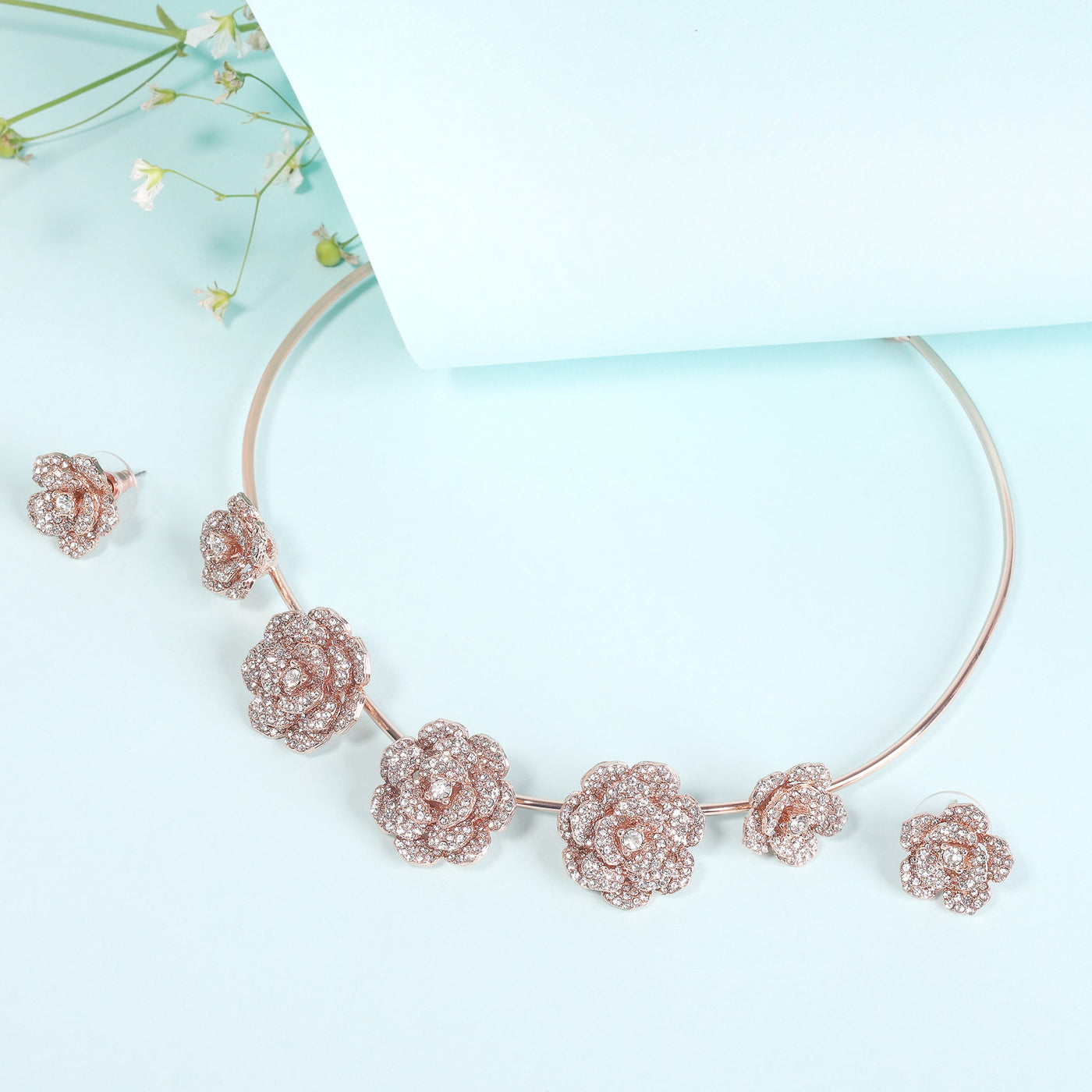 Estele Valentine Special Gorgeous American Diamond Classic Floral Rose Necklace Set with Luxurious Rosegold Finish Perfect for Elegant Occasions