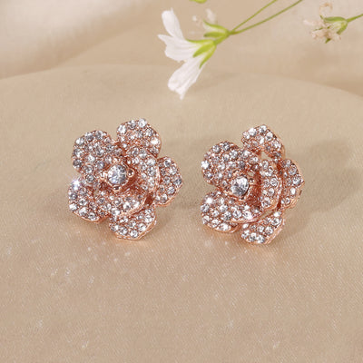 Estele Valentine ROSE Special Premium Rosegold Plated Floral Rose Stud Earrings for Women with White Austrian Crystals A Symbol of Everlasting Love