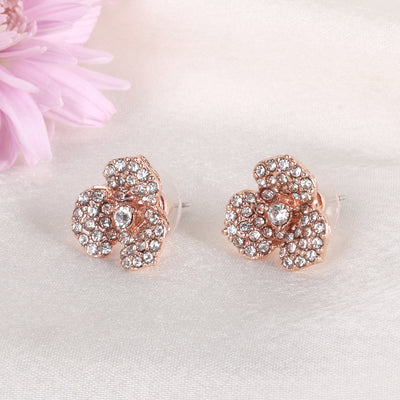 Estele Valentine ROSE Special Luxurious Rosegold Finish Floral Rose Stud Earrings for Women with Shining White Austrian Crystals A Perfect Gift of Love