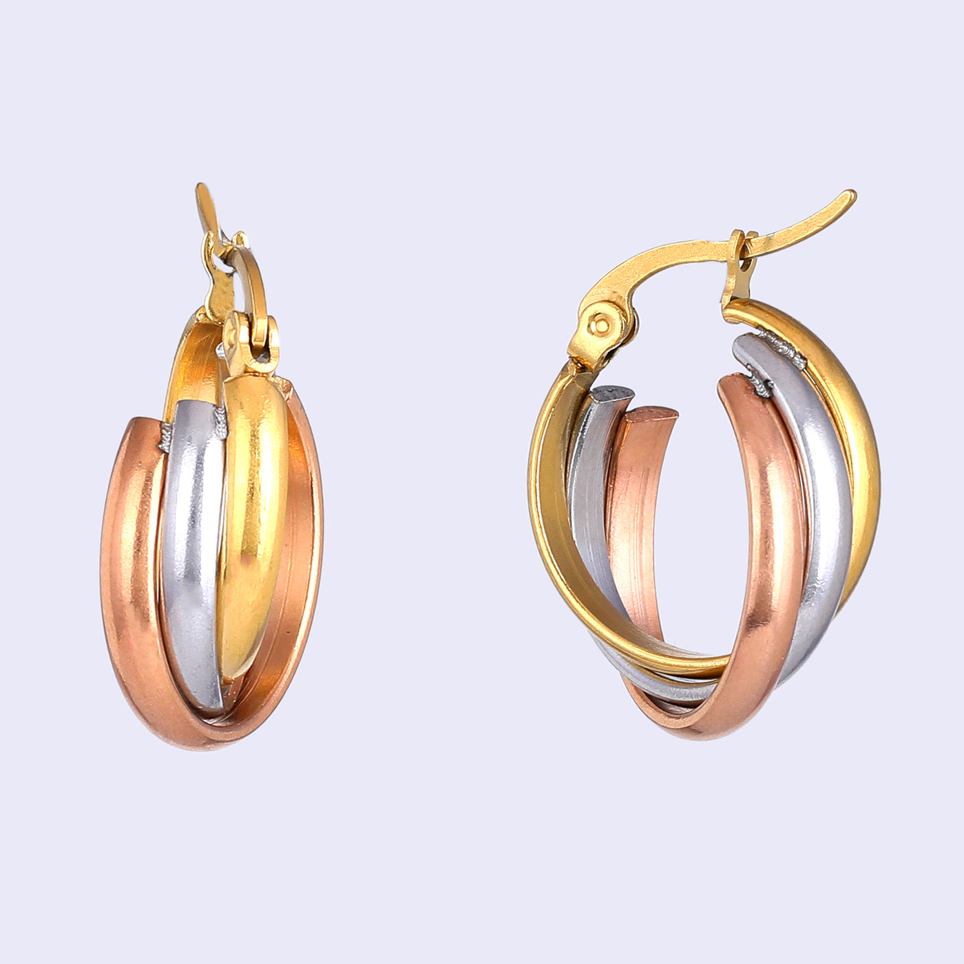 Estele Gold, Rhodium & Rosegold Plated Stylish Three Layered Twisted Demifine Hoop Earrings for Women/Girls