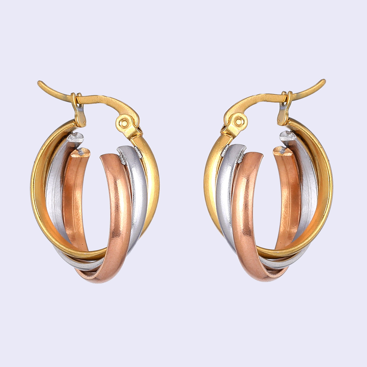 Estele Gold, Rhodium & Rosegold Plated Stylish Three Layered Twisted Demifine Hoop Earrings for Women/Girls