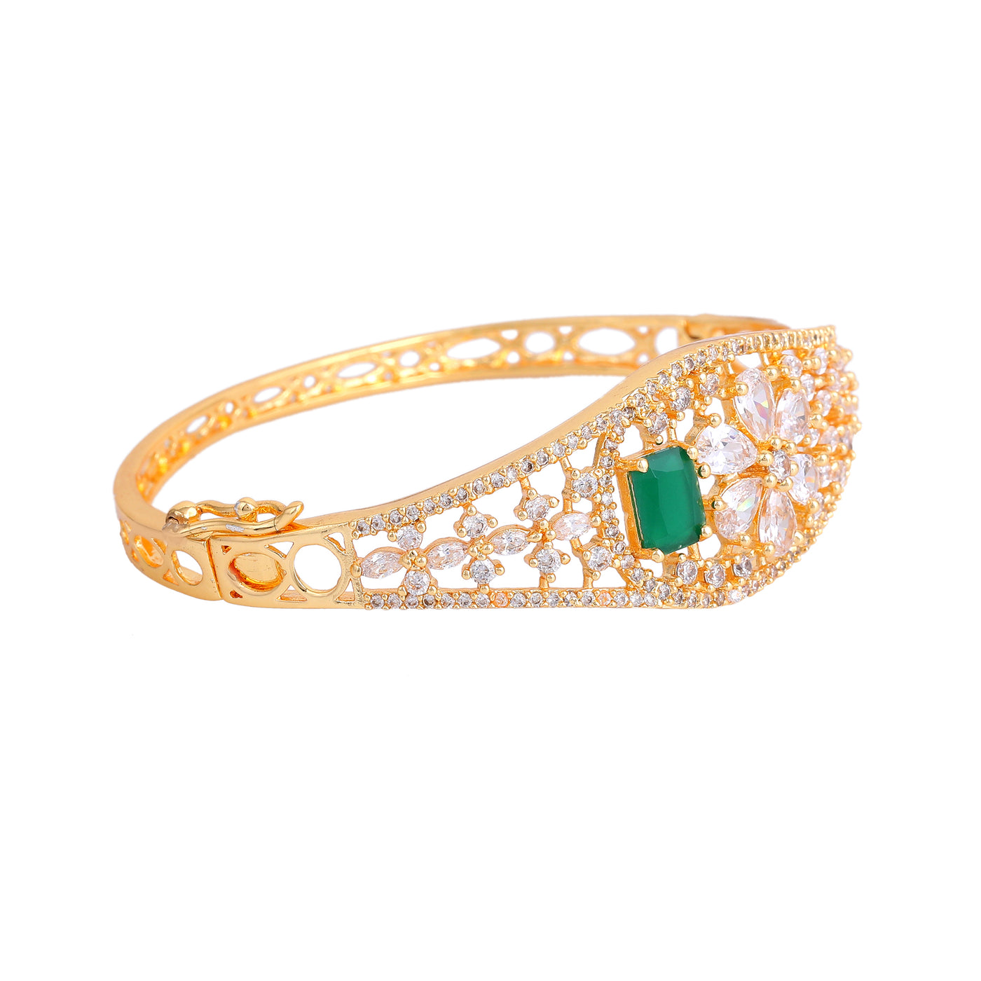 Estele Royal Shine Gold Plated American Diamond Bracelet with Green & White Stones | A Statement of Grandeur & Comfort Fit Elegance