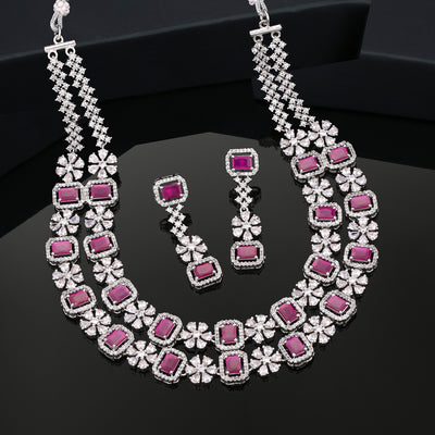 Estele Rhodium Plated CZ Captivating Double Layered Necklace Set with Ruby & White Crystals for Women