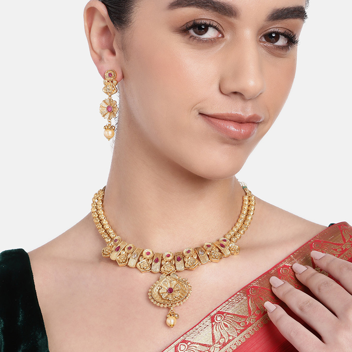 Estele Gold Plated Exquisite Floral Matte Finish Necklace Set with Ruby Crystals & Pearls for Women