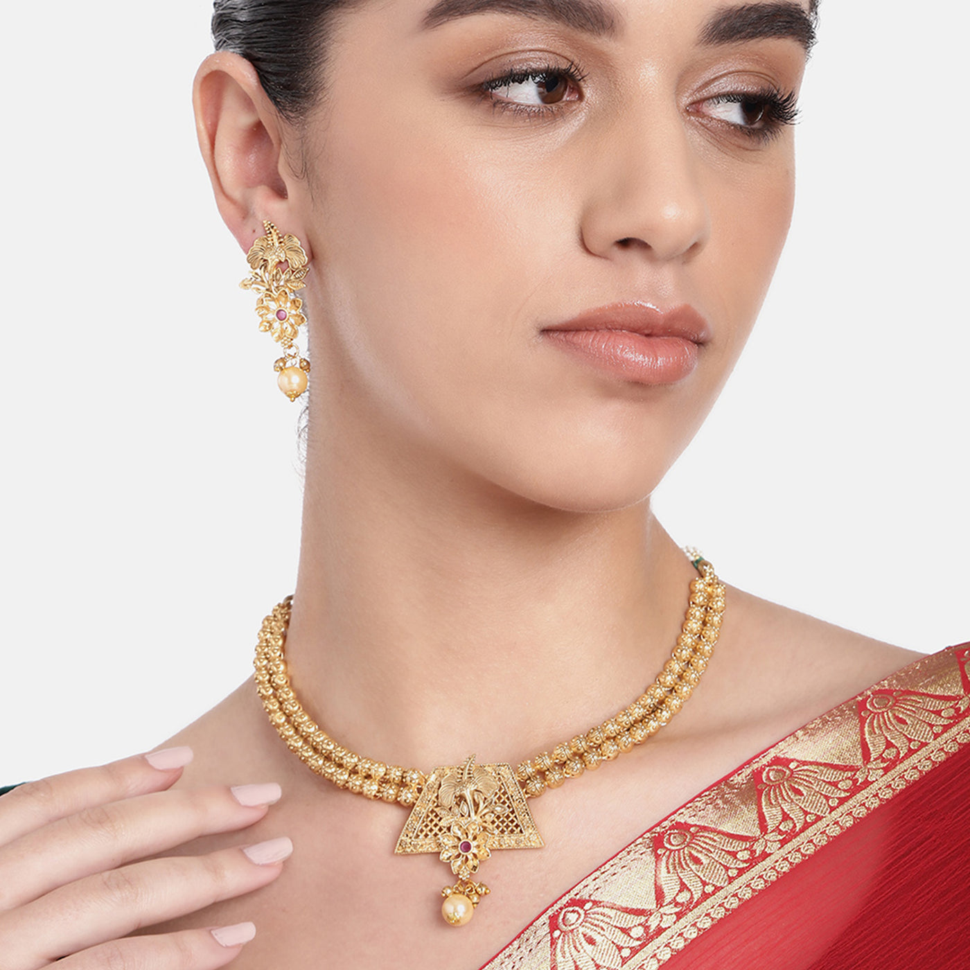Estele Gold Plated Beautiful Floral Matte Finish Necklace Set with Ruby Crystals & Pearls for Women