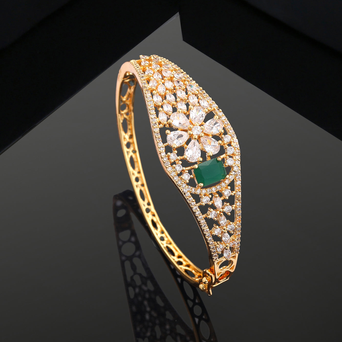 Estele Royal Shine Gold Plated American Diamond Bracelet with Green & White Stones | A Statement of Grandeur & Comfort Fit Elegance