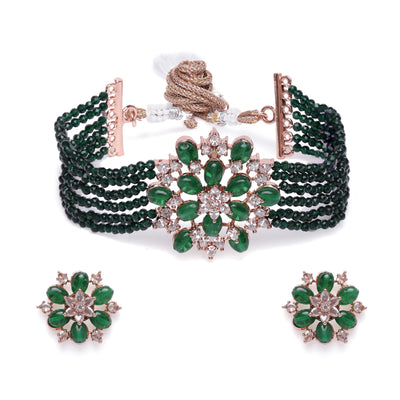 Estele Rosegold Plated Charming Multi-Layered Green Beads Varya Choker Set for Women|Glamorous Jewelry for Classy Women