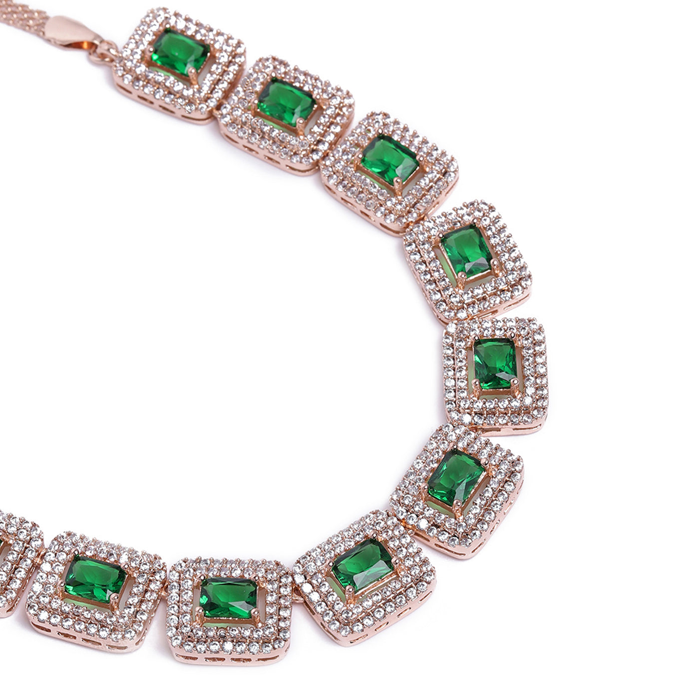 Estele Rose Gold Plated CZ Sparkling Necklace Set with Green Crystals for Women