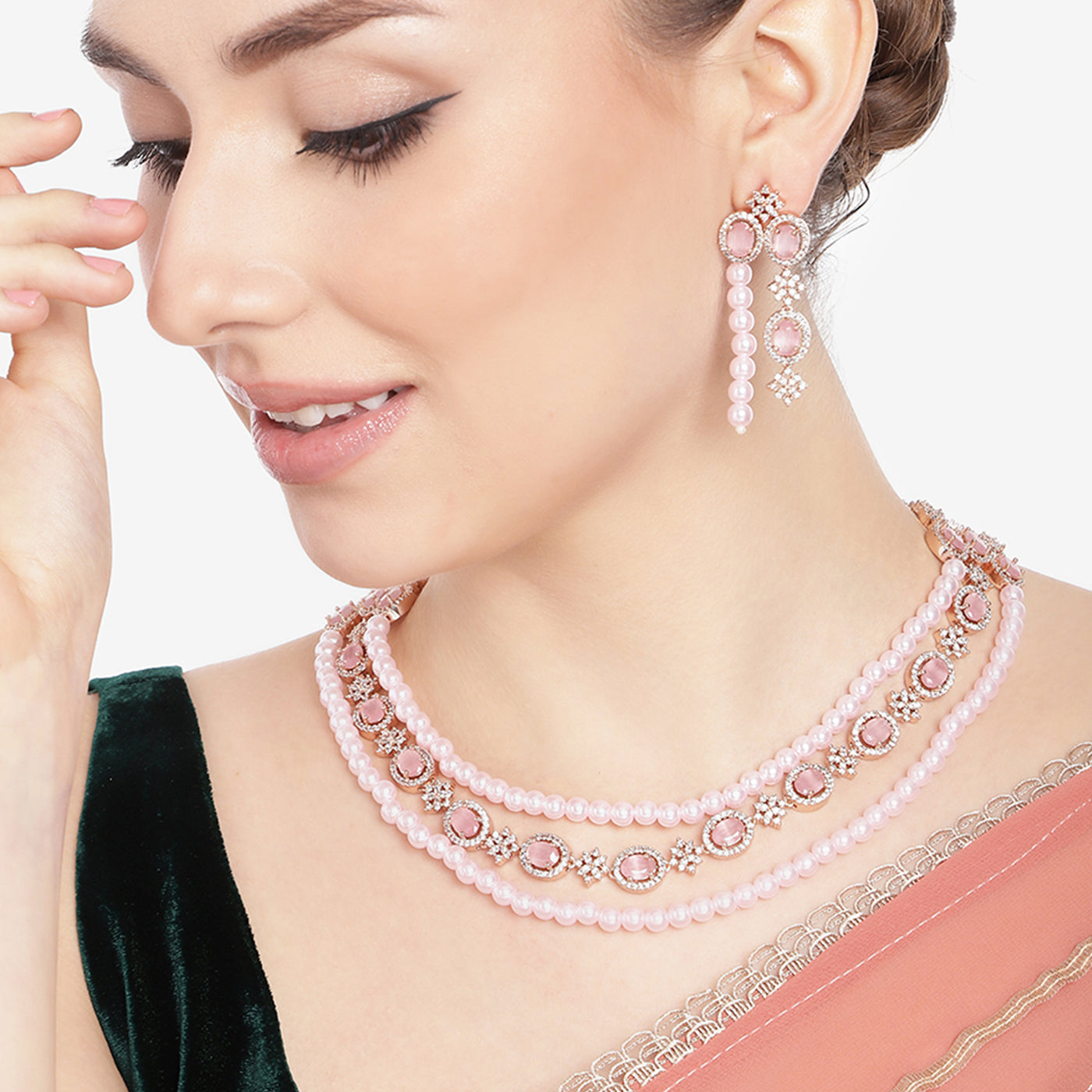 Estele Rose Gold Plated CZ Fascinating Triple-Layered Necklace Set with Mint Pink Stones & Pearls for Women