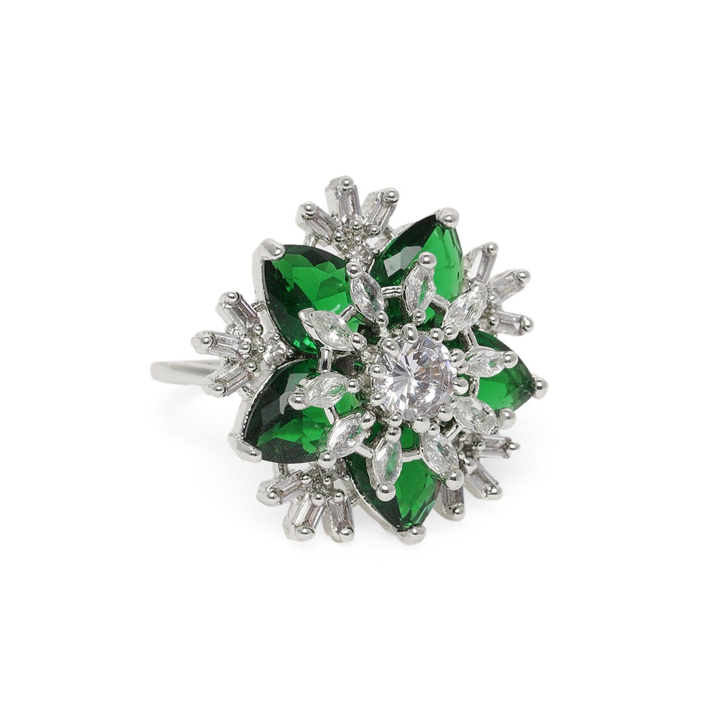 Estele Rhodium Plated CZ Captivating Floral Finger Ring with Green Stones for Women(Adjustable)