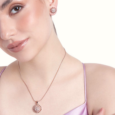 Estele Rose Gold Plated CZ Flower Designer Pendant Set for Women