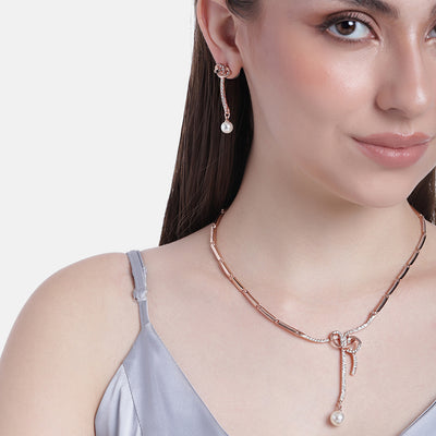 Estele Rose Gold Plated Beautiful Bowline Necklace Set with Crystals for Women